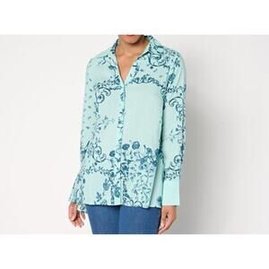 Beautiful Size 1X Seafoam Blue High Low Printed Blouse A680677 NWOT Stunning